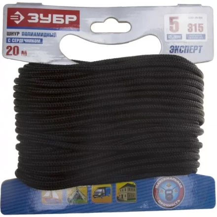 Шнур ЗУБР полиамидный, плетеный, повышенной нагрузки, с сердечником, черный, d 5, 20м 50311-05-020 купить в Ноябрьске