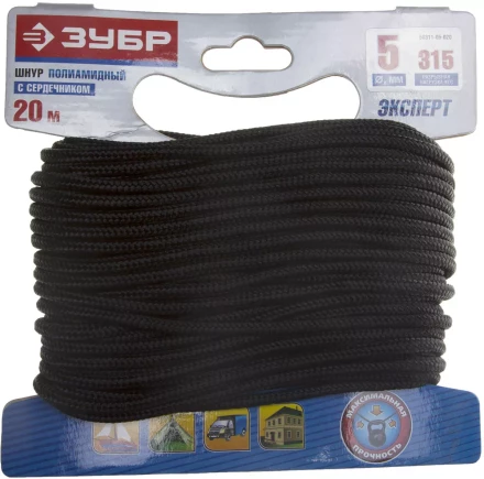 Шнур ЗУБР полиамидный, плетеный, повышенной нагрузки, с сердечником, черный, d 5, 20м 50311-05-020 купить в Ноябрьске