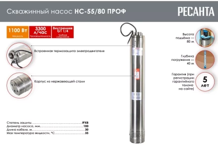Скважинный насос Ресанта НС-55/80 ПРОФ 77/3/2 купить в Ноябрьске