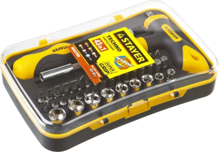 Набор STAYER &quot;MASTER&quot; &quot;HERCULES&quot;: Отвертка реверсивная, Т-образная отвертка-битодержатель, адаптер для торц голов, 43 предм 25084-H43 купить в Ноябрьске