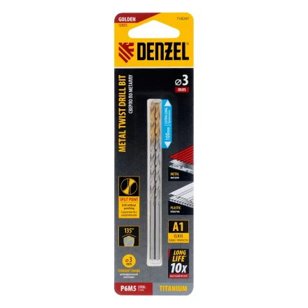 Сверло спиральное по металлу 3 х 100 мм, Р6М5, Golden Tip, удлиненное, 2шт. Denzel 718247 купить в Ноябрьске