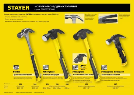 Молоток-гвоздодер STAYER &quot;PROFESSIONAL&quot; цельнометаллический с двухкомпонентной рукояткой, 450г 2025-450 купить в Ноябрьске