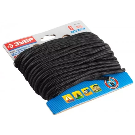 Шнур ЗУБР полиамидный, плетеный, повышенной нагрузки, с сердечником, черный, d 6, 20м 50311-06-020 купить в Ноябрьске