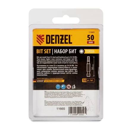 Бита TX 6х50, сталь S2, шестигранный профиль, 10 шт. Е 6,3 Denzel 11665 купить в Ноябрьске