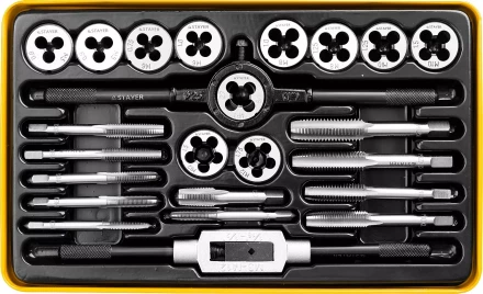 Набор метчиков и плашек STAYER &quot;MASTER&quot;, метчикодержатель 1шт, плашкодержатель 1шт, метчики 11шт, плашки 11шт, 24 предмета 28020-H24 купить в Ноябрьске