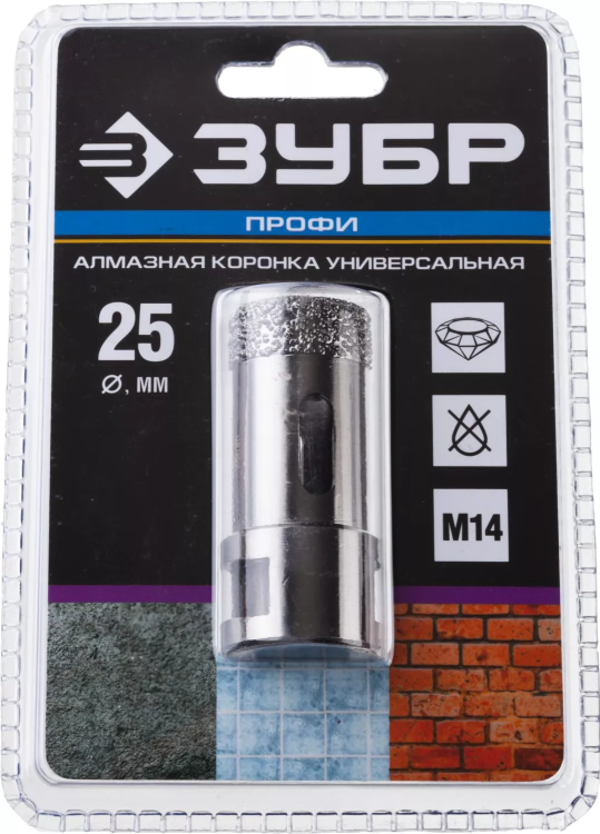 Алмазная коронка ЗУБР "ПРОФЕССИОНАЛ" универсальная для УШМ, сухое сверление, алмазы на вакуумной пайке,  посадка М14, d=25мм 29865-25 купить в Ноябрьске