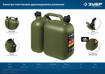 ЗУБР 5 + 2.5 л, пластиковая усиленная двухсекционная канистра, Профессионал (38367-7.5) купить в Ноябрьске