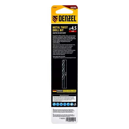 Сверло спиральное по металлу Denzel  4,5 х 126 мм, Р6М5, Golden Tip, удлиненное, 718252 купить в Ноябрьске