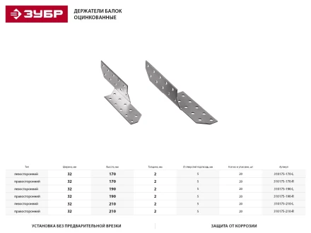 Держатель балки ЗУБР &quot;МАСТЕР&quot; правосторонний, 32х210мм, 20шт 310175-210-R купить в Ноябрьске