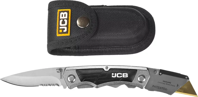 Нож JCB складной многофункц, трапец лезвие, тип "А24", перочин лезвие с серрейтор заточкой, мет корпус, чехол, 5 лезвий JLC003 купить в Ноябрьске