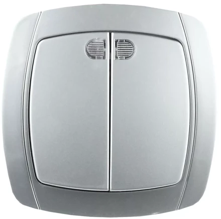 Выключатель СВЕТОЗАР &quot;АКЦЕНТ&quot; двухклавишный в сборе, с подсветкой, цвет серебристый металлик, 10А/~250В SV-54235-SM купить в Ноябрьске