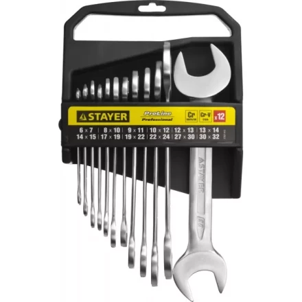 Набор: Ключ STAYER &quot;PROFI&quot; гаечный рожковый, Cr-V сталь, хромированный, 6-32мм, 12шт 27037-H12 купить в Ноябрьске
