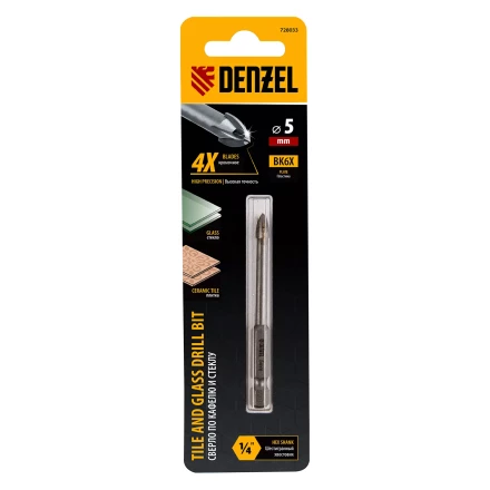 Сверло по керамической плитке 5 мм, крестовая пластина, шестигранный хвостовик// Denzel 728033 купить в Ноябрьске