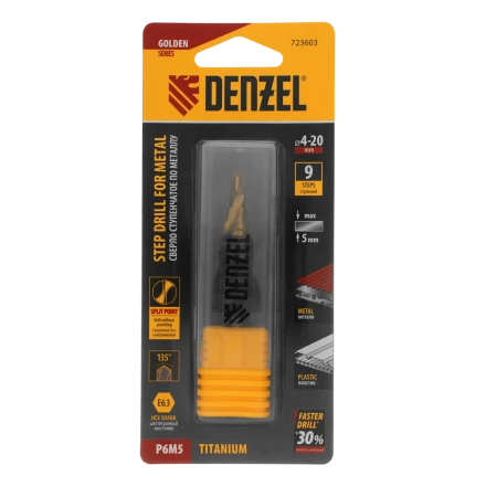 Сверло ступенчатое Denzel 723603 4-6-8-10-12-14-16-18-20 мм, Р6М5, 6-гр. хвостовик купить в Ноябрьске