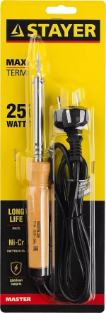 Паяльник MAXTerm с деревянной рукояткой, жало - конус, STAYER 55310-25, 25 Вт 55310-25 купить в Ноябрьске