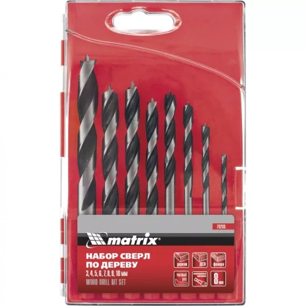 Набор сверл по дереву  3-4-5-6-7-8-9-10мм 6-гранный хвостовик  пластиковый кейс MATRIX 70285 купить в Ноябрьске