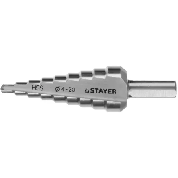 Сверло STAYER "MASTER" ступенчатое по сталям и цвет.мет., сталь HSS, d=4-20мм, 9ступ.d 4-20, L-75 мм,трехгран. хвост. 8мм 29660-4-20-9 купить в Ноябрьске