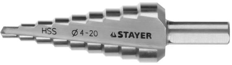 Сверло STAYER "MASTER" ступенчатое по сталям и цвет.мет., сталь HSS, d=4-20мм, 9ступ.d 4-20, L-75 мм,трехгран. хвост. 8мм 29660-4-20-9 купить в Ноябрьске
