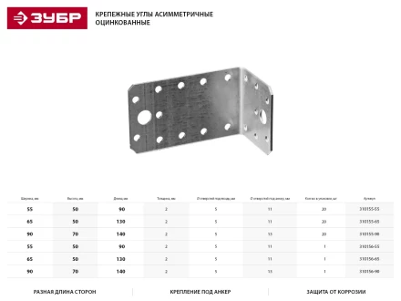 Крепежный уголок ЗУБР &quot;МАСТЕР&quot; асимметричный, 65х50х130мм, 1шт 310156-65 купить в Ноябрьске
