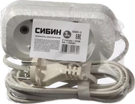 Удлинитель СИБИН электрический, ШВВП сечение 0,75кв мм, 2 гнезда, макс мощн 1300Вт, 3м 55091-3 купить в Ноябрьске