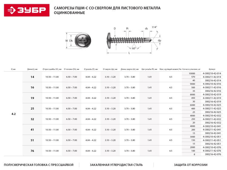 Саморезы ЗУБР с прессшайбой и сверлом по листовому металлу до 2мм, PH2, 4,2х41мм, ТФ1, 200шт 4-300211-42-041 купить в Ноябрьске