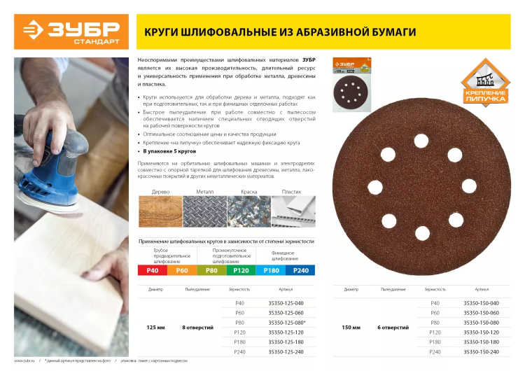 Круг шлифовальный ЗУБР "СТАНДАРТ" из абразивной бумаги на велкро основе, 8 отв., Р80, 125мм, 5шт 35350-125-080 купить в Ноябрьске