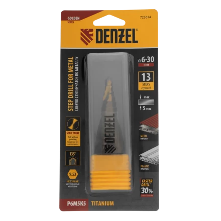 Сверло ступенчатое Denzel 723614, 6-8-10-12-14-16-18-20-22-24-26-28-30мм, Р6М5К5, 6-гр. хвостовик купить в Ноябрьске