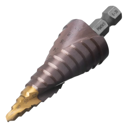 Сверло ступенчатое Denzel 723614, 6-8-10-12-14-16-18-20-22-24-26-28-30мм, Р6М5К5, 6-гр. хвостовик купить в Ноябрьске