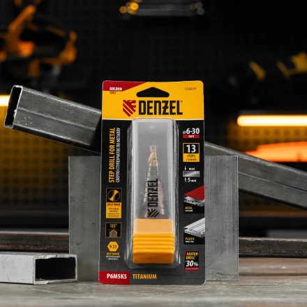 Сверло ступенчатое Denzel 723614, 6-8-10-12-14-16-18-20-22-24-26-28-30мм, Р6М5К5, 6-гр. хвостовик купить в Ноябрьске