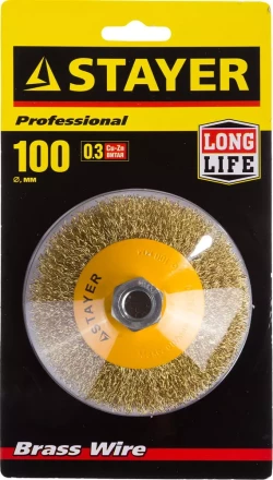 STAYER &quot;PROFESSIONAL&quot;. Щетка коническая для УШМ, витая стальная латунированная проволока 0,3мм, 100ммхМ14 35133-100 купить в Ноябрьске