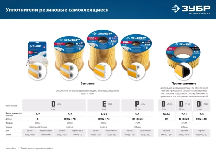 ЗУБР 150 м, P-профиль, размер 9 х 5.5 мм, белый, самоклеящийся резиновый уплотнитель, Профессионал (40922-150) купить в Ноябрьске