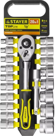 Набор STAYER &quot;STANDARD&quot;: Торцовые головки (1/2&quot;) на пластиковом рельсе, трещотка, удлинитель, 8-32мм, 20 предметов 27750-H20 купить в Ноябрьске