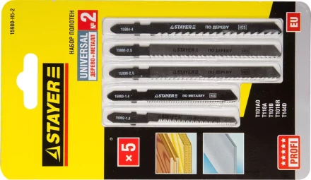 Набор STAYER &quot;PROFI&quot; Пилки &quot;УНИВЕРСАЛ №2&quot; для эл/лобзика, по дереву и металлу, EU-хвост., 5шт 15980-H5-2 купить в Ноябрьске