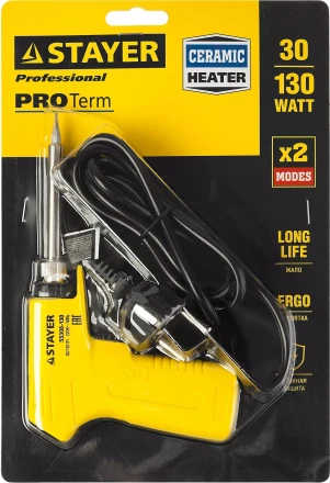 Паяльник с пистолетной пластмассовой рукояткой, STAYER &quot;PROFI&quot; PROTerm, 55308-130, 30 - 130 Вт, с керамическим нагревательным элементом 55308-130 купить в Ноябрьске