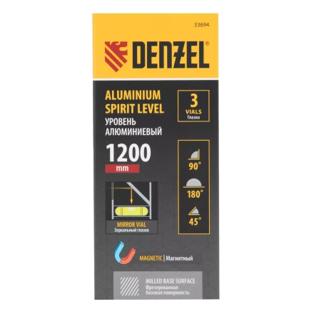 Уровень алюминиевый Denzel 33694, магнит, фрезерованный, 3 глазка (1 зеркал.), 0,5 мм/м, 1200 мм купить в Ноябрьске