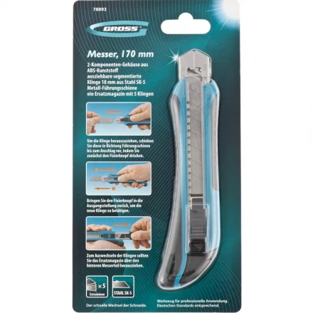 Нож 170 мм обрезин. ABS - корпус выдв.сегм.лезвие 18 мм SK-5 метал. напр-щая + 5 лезвий GROSS 78893 купить в Ноябрьске