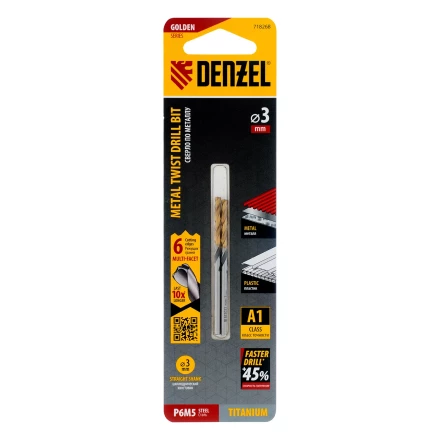 Сверло спиральное по металлу Denzel 3 x 61мм, Р6М5, Golden Tip, многогранная заточка, 2шт., 718268 купить в Ноябрьске