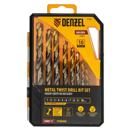 Набор сверл по металлу Denzel 723001, 1-10 мм, Р6М5-TiN, Golden Tip, 10 шт купить в Ноябрьске