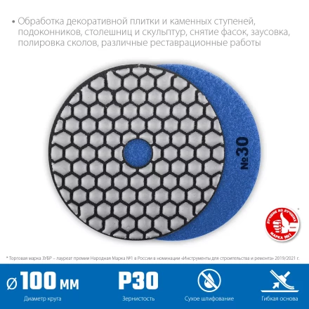 ЗУБР 100 мм, №30, сухое шлифование, алмазный гибкий шлифовальный круг АГШК, Профессионал (29868-030) купить в Ноябрьске