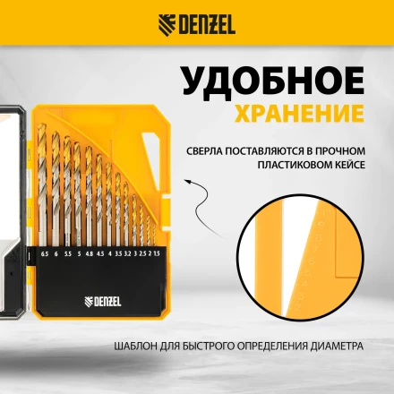 Набор сверл по металлу Denzel 723002, 1,5-6,5мм, Р6М5-TiN, Golden Tip, 13 шт купить в Ноябрьске