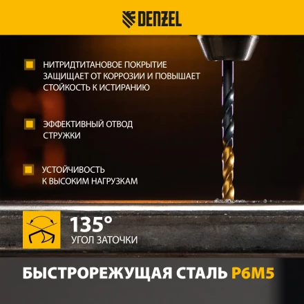 Набор сверл по металлу Denzel 723002, 1,5-6,5мм, Р6М5-TiN, Golden Tip, 13 шт купить в Ноябрьске