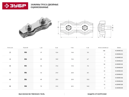 Зажим троса ЗУБР двойной, оцинкованный, 6мм, 2 шт 4-304446-06 купить в Ноябрьске