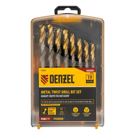 Набор сверл по металлу Denzel 723003, 1-10 мм, Р6М5-TiN, Golden Tip, 19 шт купить в Ноябрьске