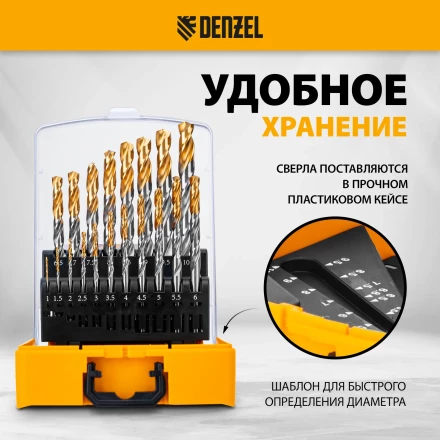 Набор сверл по металлу Denzel 723003, 1-10 мм, Р6М5-TiN, Golden Tip, 19 шт купить в Ноябрьске