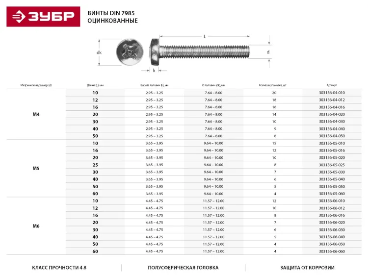 Винт DIN 7985 M5x16мм, 12шт, кл. пр. 4.8, оцинкованный, ЗУБР 303156-05-016 купить в Ноябрьске