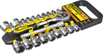 Набор STAYER &quot;STANDARD&quot;: Торцовые головки (3/8&quot;) на пластиковом рельсе, трещотка, удлинитель, 6-24мм, 21 предмет 27752-H21 купить в Ноябрьске