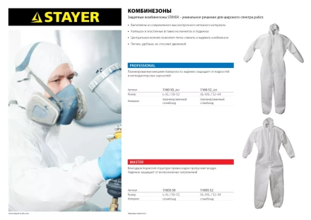 Комбинезон STAYER &quot;PROFESSIONAL&quot;, защитный из ламинированного спанбонда, 50-52 размер 1160-50_z01 купить в Ноябрьске