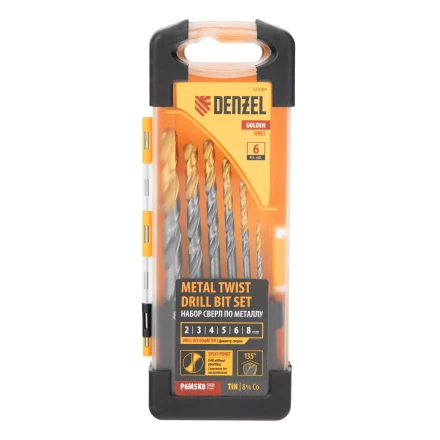 Набор сверл по металлу Denzel, 2-8мм, Р6М5К8-TiN, Golden Tip, 6 шт 723004 купить в Ноябрьске