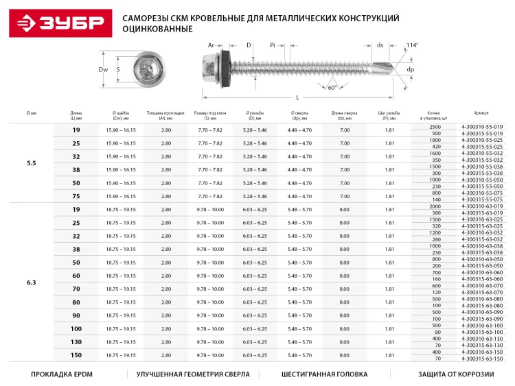 Саморезы ЗУБР окраш., RAL 3005 темно-красн., для крепл. кров. матер. к дерев. обреш., 4.8x65мм, 180шт 4-300315-48-065-3005 купить в Ноябрьске