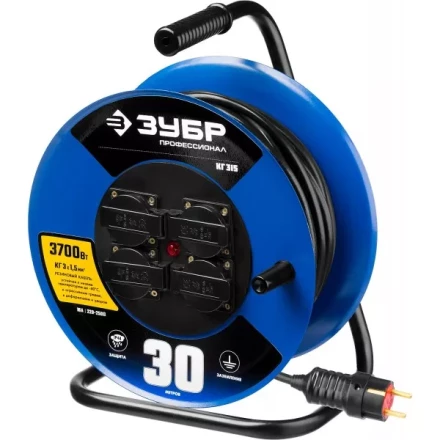 Удлинитель на катушке &quot;КГ 315&quot;, 30 м, 3700 Вт, 4 гнезда, IP44, КГ 3х1,5 кв мм, ЗУБР 55080-30 купить в Ноябрьске